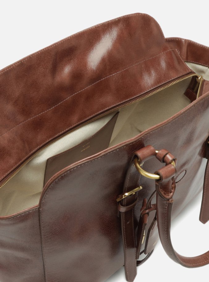 Bolsa Tote Marrom Couro Estonado Grande Metal