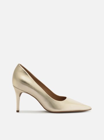 Scarpin Dourado Couro Salto Médio Fino