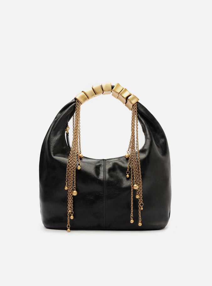 Bolsa Tiracolo Preta Couro Média Alça Metais