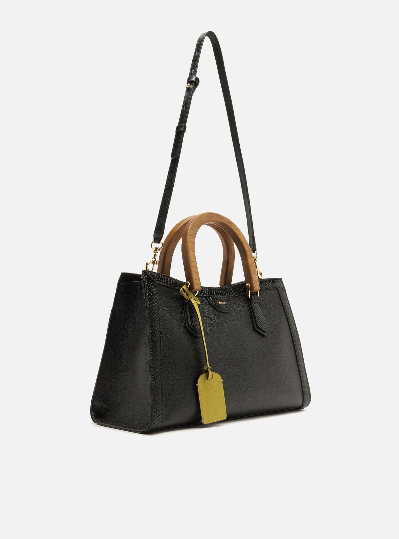 Bolsa Tote Preta Couro Média Alça Madeira — foto 5