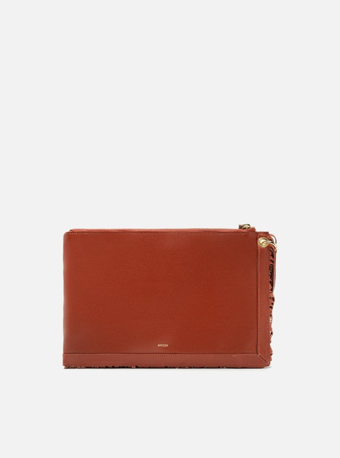 Clutch Laranja Couro Média Franjas Ilhoses