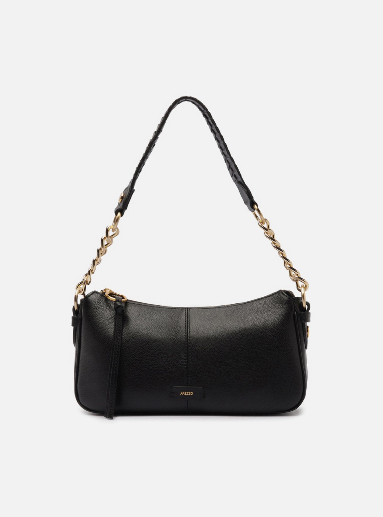 Bolsa Shoulder Preta Couro Média Costura Corrente — foto 1