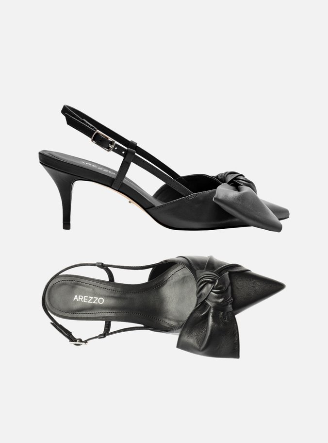 Scarpin Preto Couro Salto Fino Maxi Laço Slingback