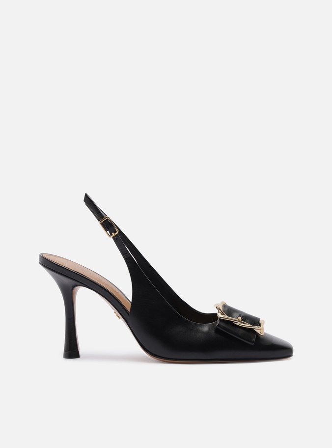 Scarpin Preto Couro Slingback Salto Alto Fivela