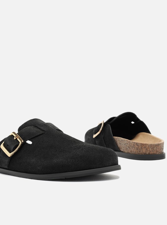 Clog Sabot Preta Camurça Rasteira Fivela