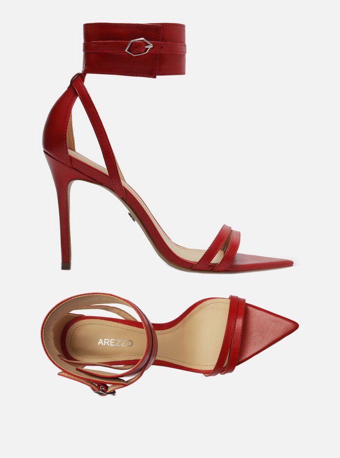 Sandália Vermelha Couro Salto Fino Ankle Strap
