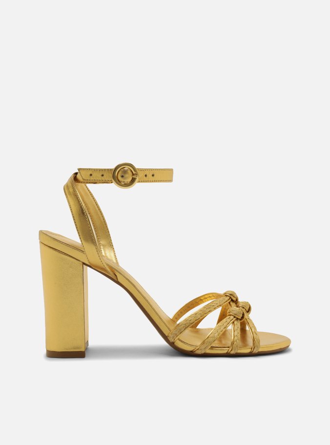 Sandália Dourada Salto Alto Bloco Multitiras