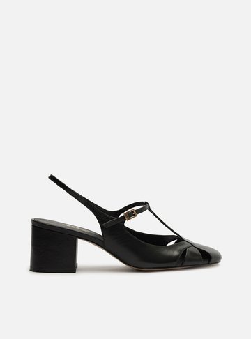 Sapato Boneca Preto Couro Slingback Recortes