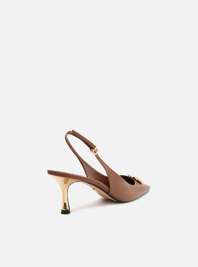 Scarpin Marrom Couro Bico Quadrado Slingback Flor