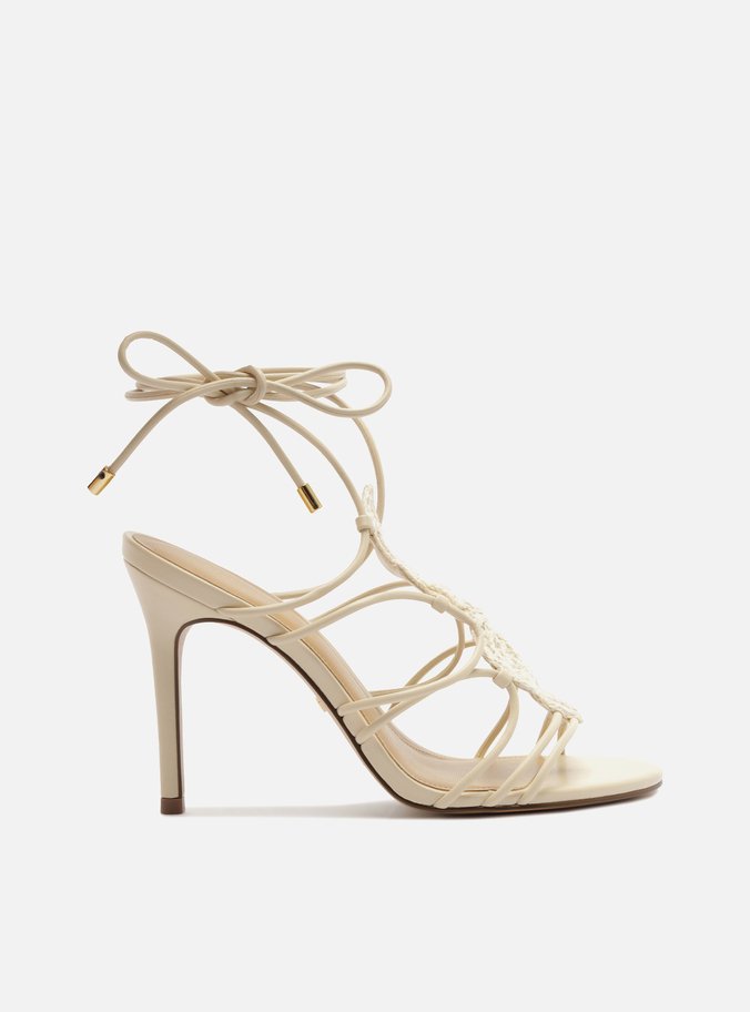 Sandália Off-White Salto Alto Fino Bordada Amarração