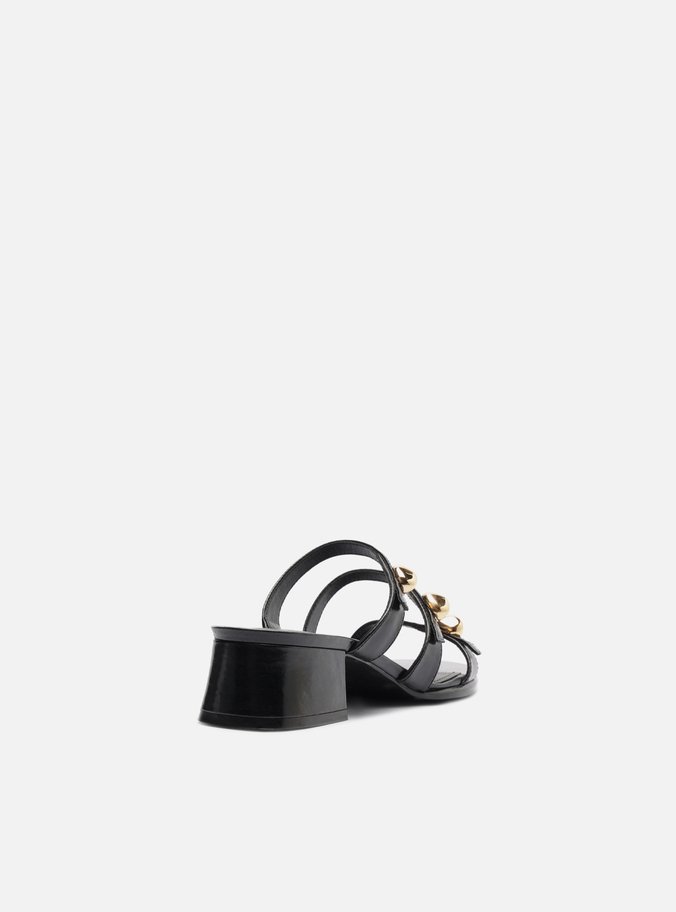 Tamanco Preto Couro Bloco Tiras Metais Bold