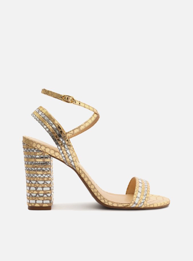 Sandália Dourada Salto Alto Tiras Cruzadas