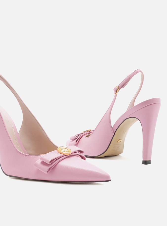 Scarpin Rosa Couro Bico Fino Slingback Laço