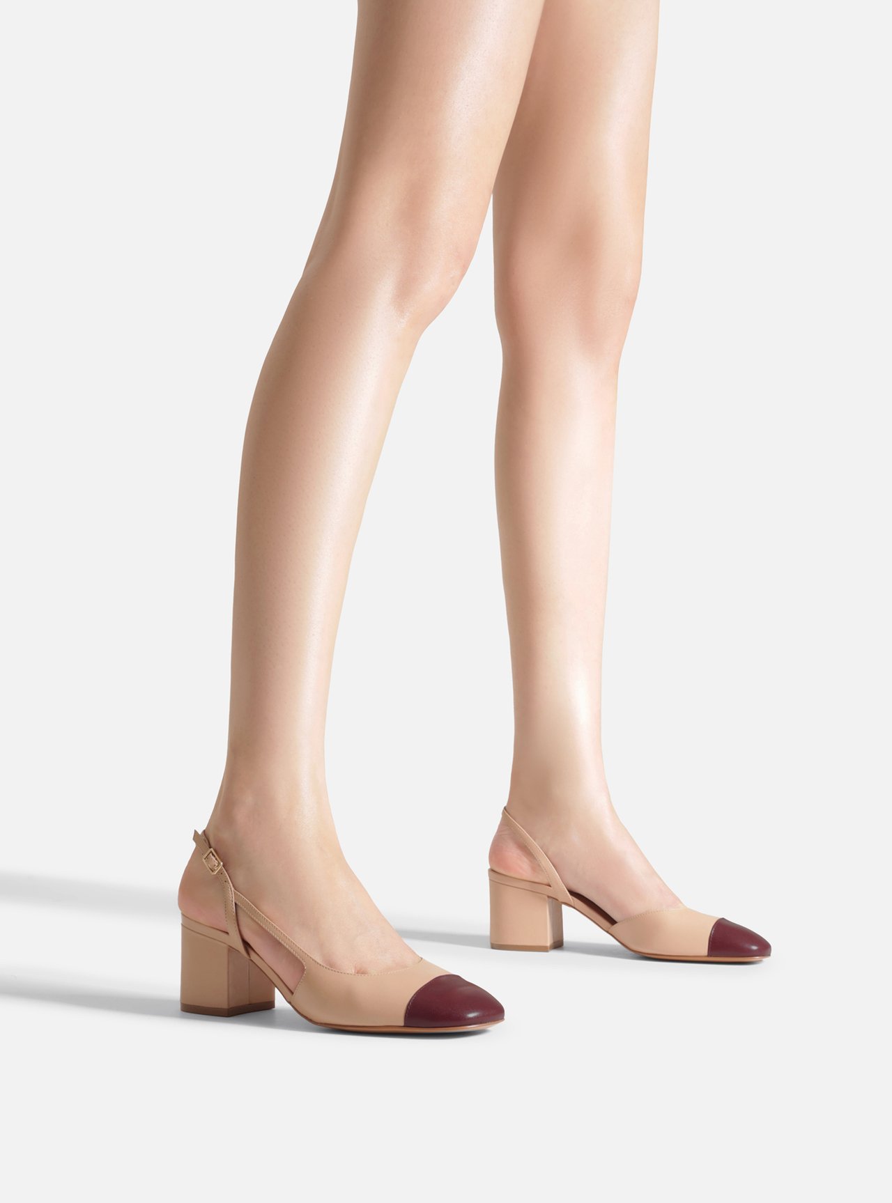 Scarpin Rosa Claro Couro Bloco Slingback Cap Toe Bordô — foto 6