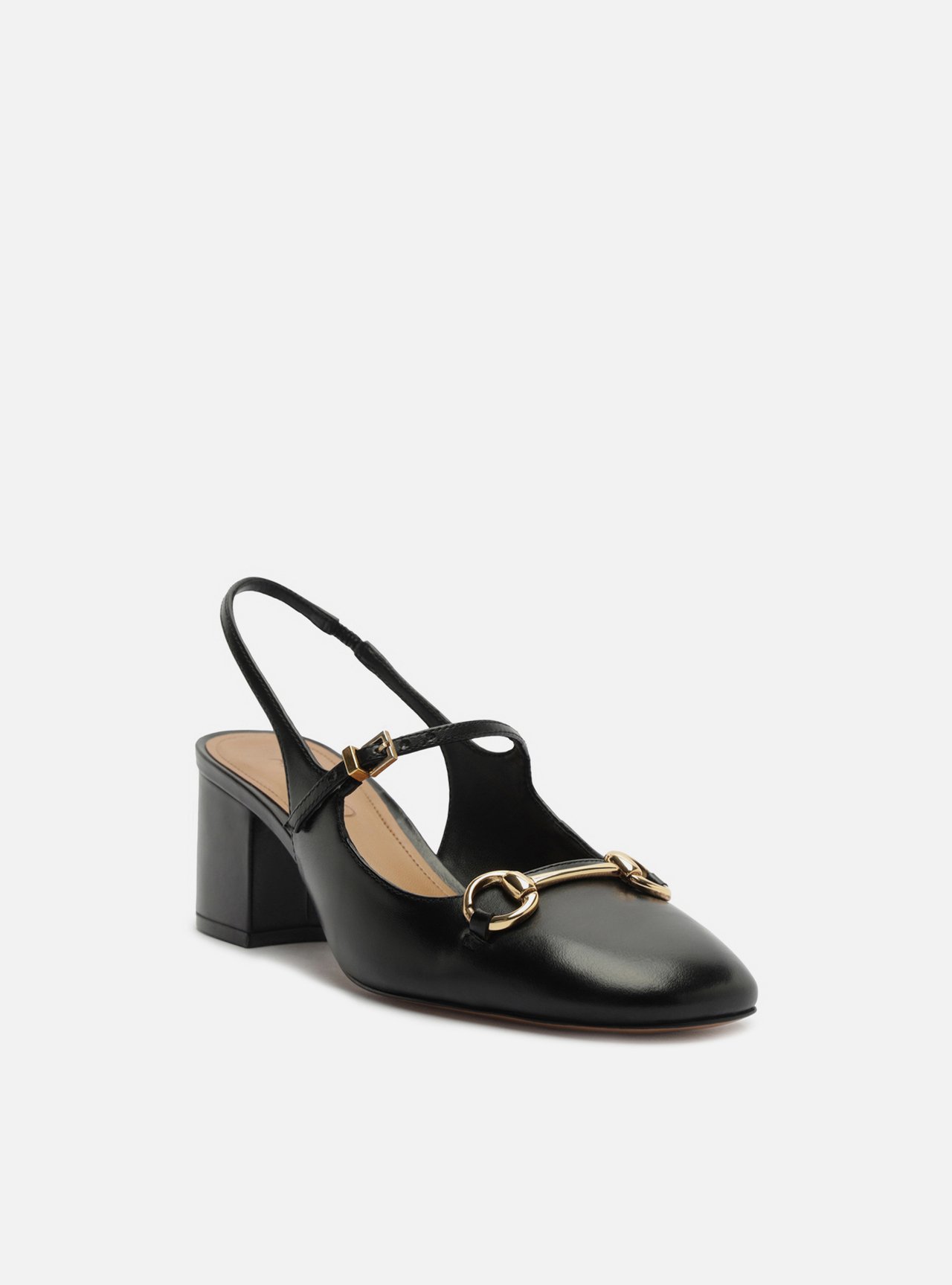 Scarpin Preto Couro Salto Bloco Bridão Slingback — foto 2