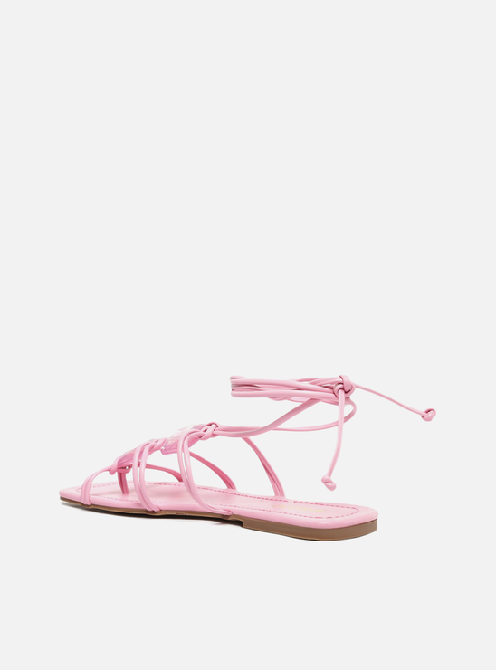 Sandália Rasteira Tiras Amarração Pedraria Rosa