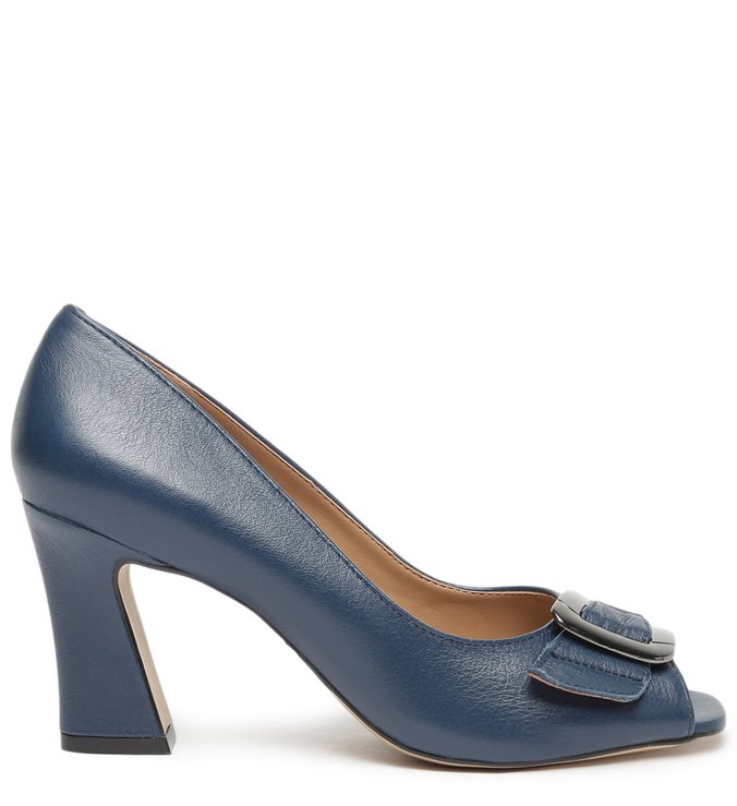 Peep Toe Azul Couro Salto Bloco Fivela