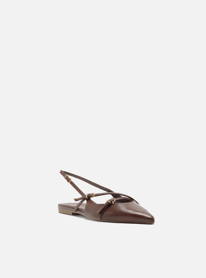 Sapatilha Marrom Couro Bico Fino Slingback Fivelas