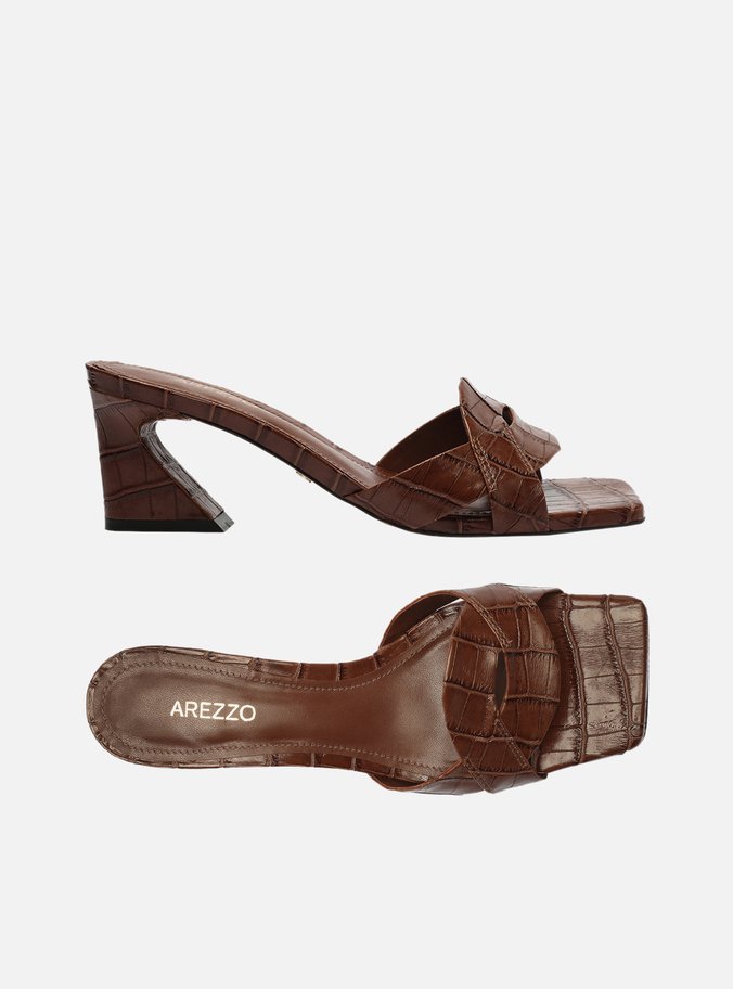 Sandália Marrom Croco Bico Quadrado Flare