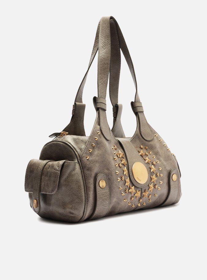 Bolsa Bowling Cinza Couro Grande Metais Folk