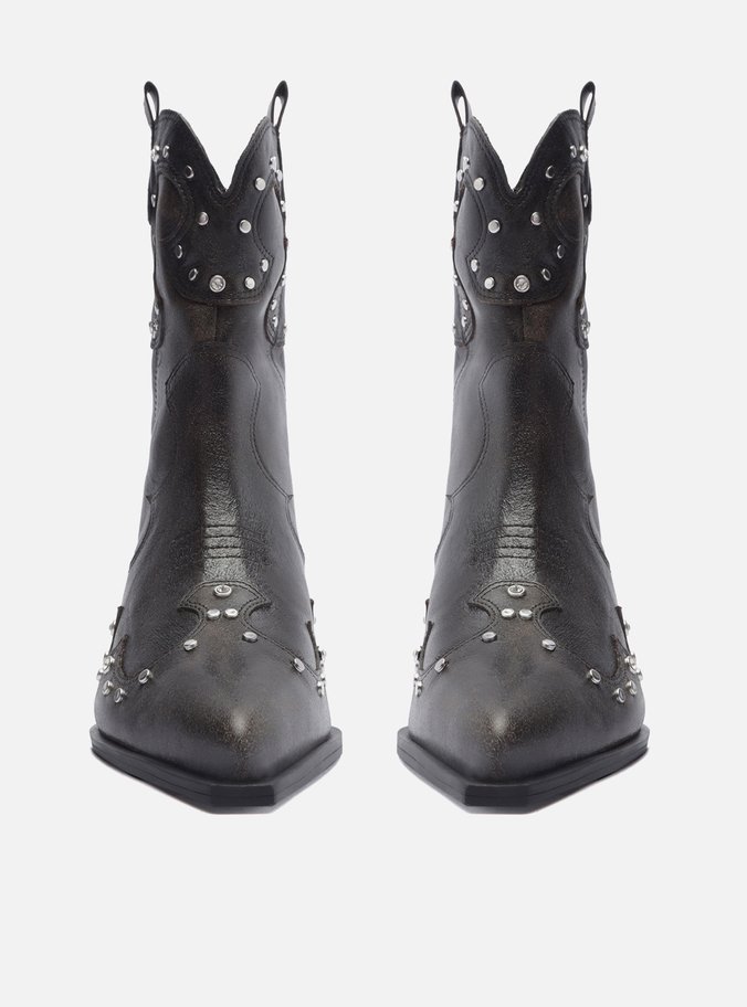 Bota Preta Couro Worn Cano Curto Western Folk
