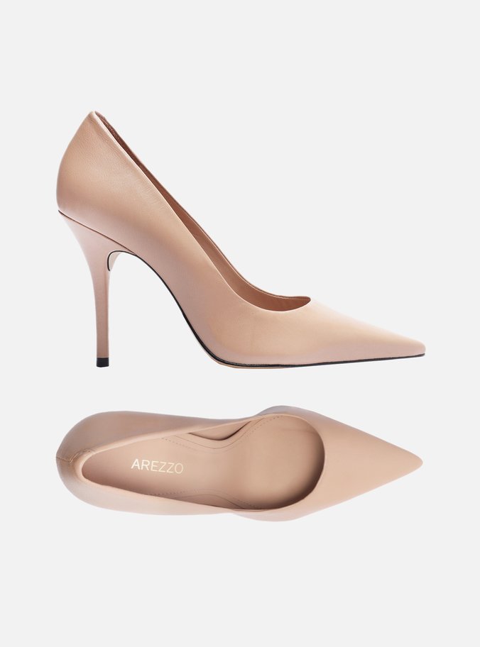 Scarpin Nude Couro Salto Fino Bico Fino