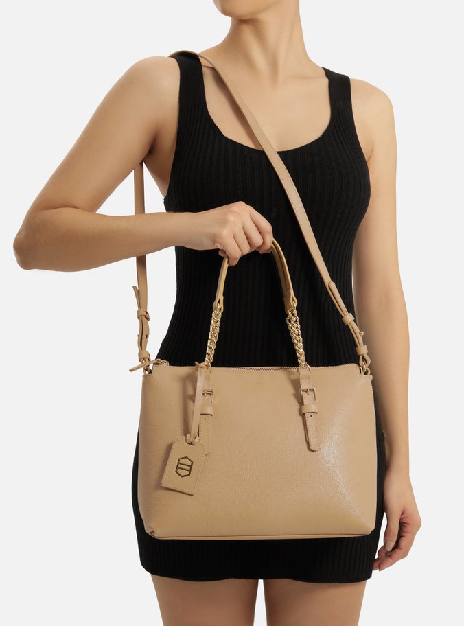 Bolsa Tote Bege Couro Grande Alça Corrente