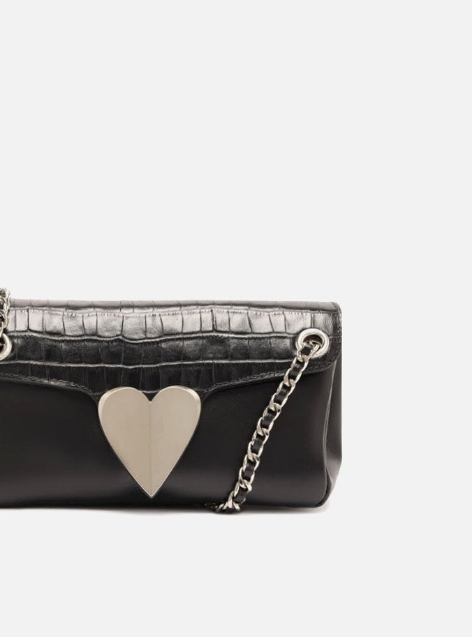 Bolsa Tiracolo Preta Couro Pequena Coração Metal