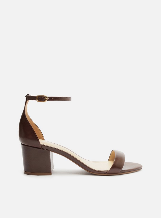 Sandália Marrom Couro Salto Médio Bloco Isabelli