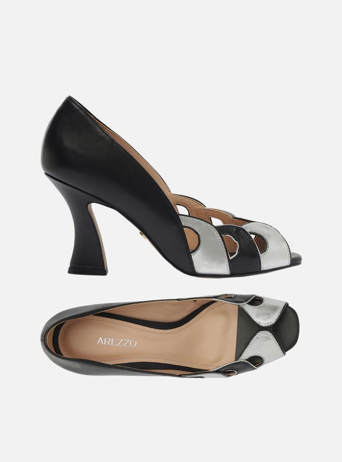 Peep Toe Preto Couro Salto Médio Recortes
