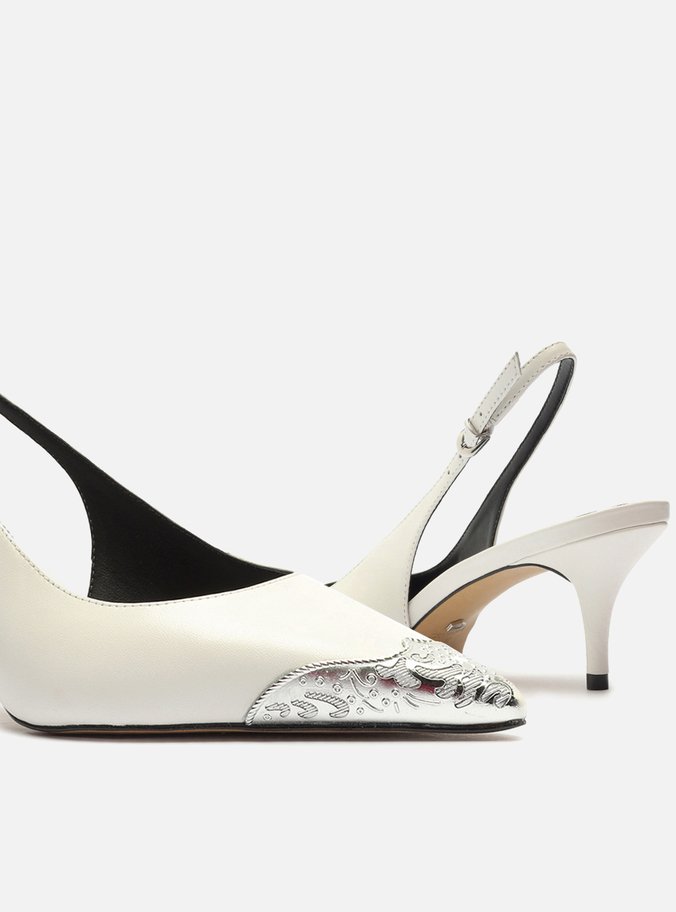 Scarpin Branco Couro Bico Fino Slingback Biqueira