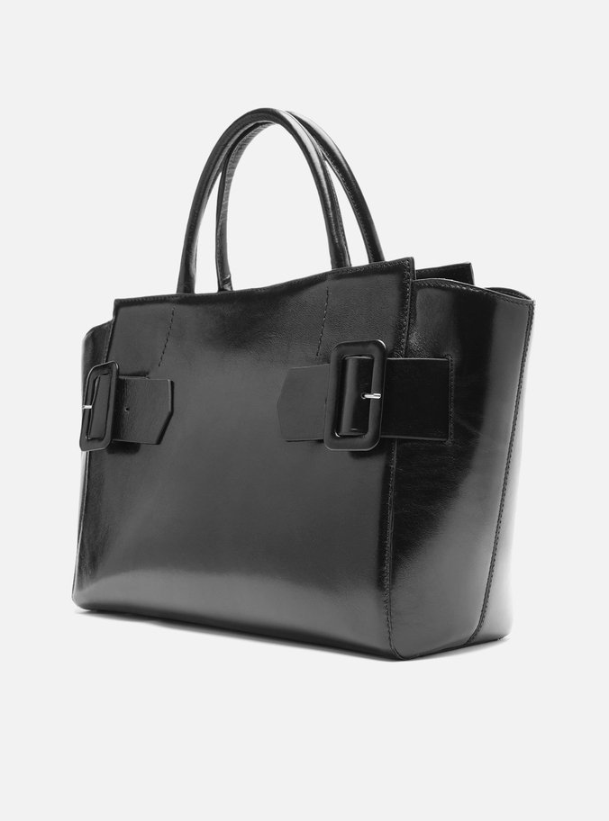 Bolsa Tote Preta Couro Grande Fivelas
