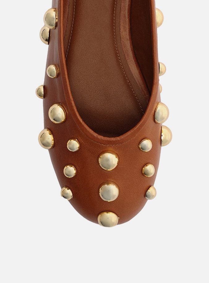 Sapatilha Marrom Couro Bico Redondo Studs