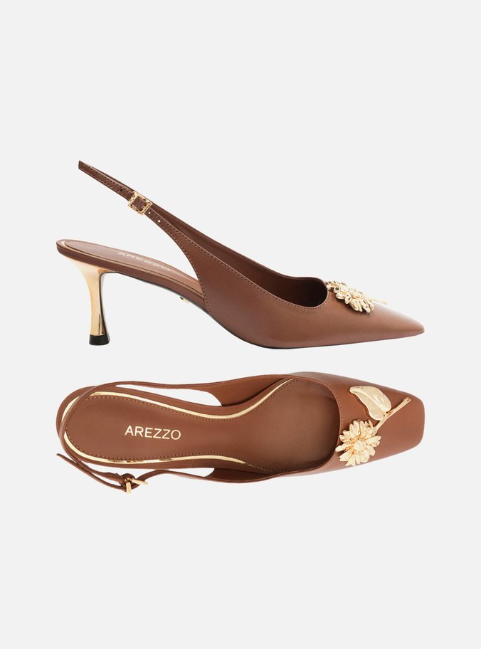 Scarpin Marrom Couro Bico Quadrado Slingback Flor