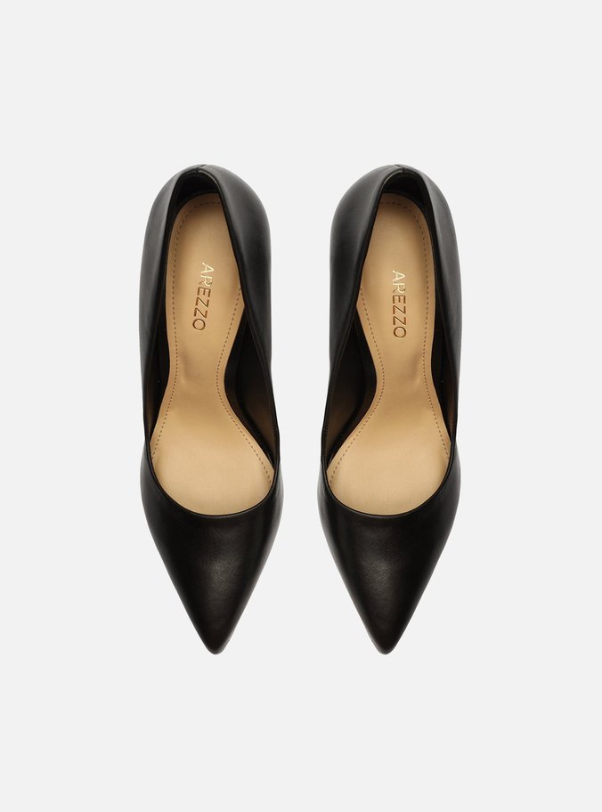 Scarpin Preto Couro Salto Alto Fino Bico Fino