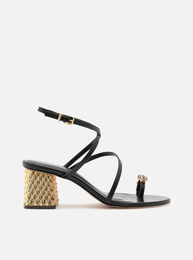 Sandália Preta Couro Salto Bloco Textura Metal