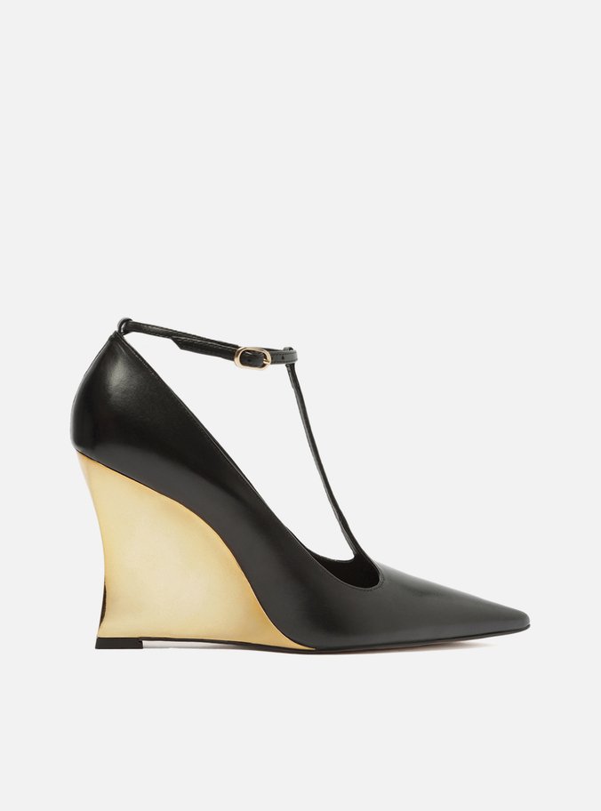 Scarpin Preto Couro Salto Anabela Dourado Tira