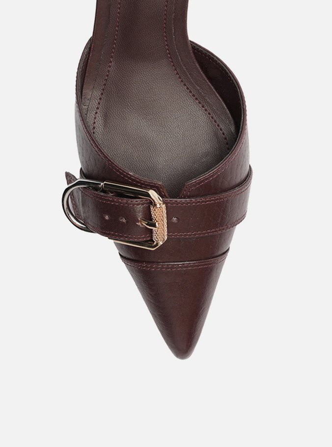 Scarpin Marrom Couro Salto Kitten Aberto Fivela