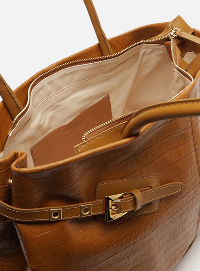 Bolsa Shopping Caramelo Couro Croco Grande Fivelas