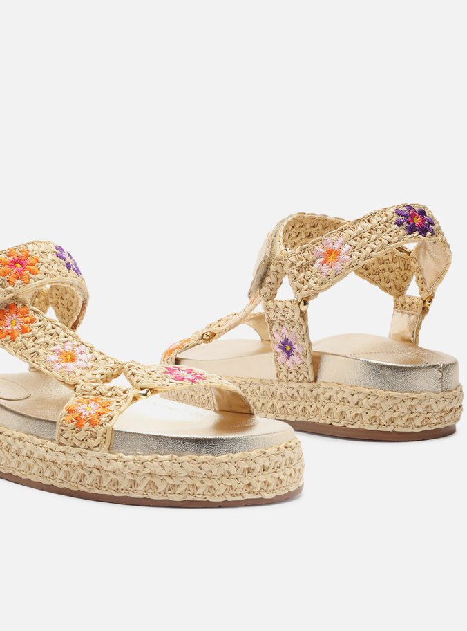 Sandália Papete Cru Crochê Flatform Flores