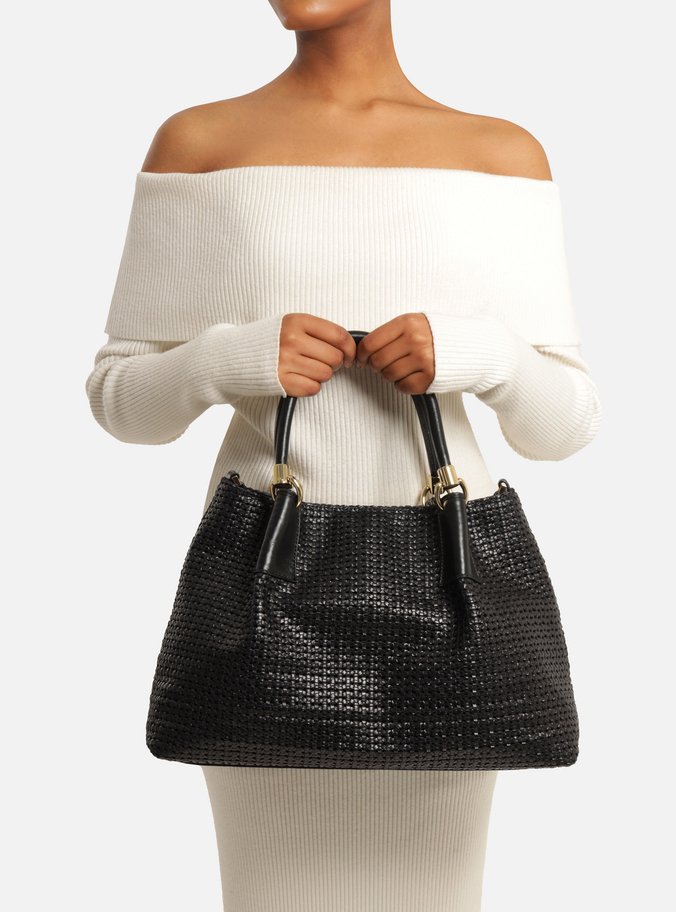 Bolsa Tote Preta Couro Tramada Grande