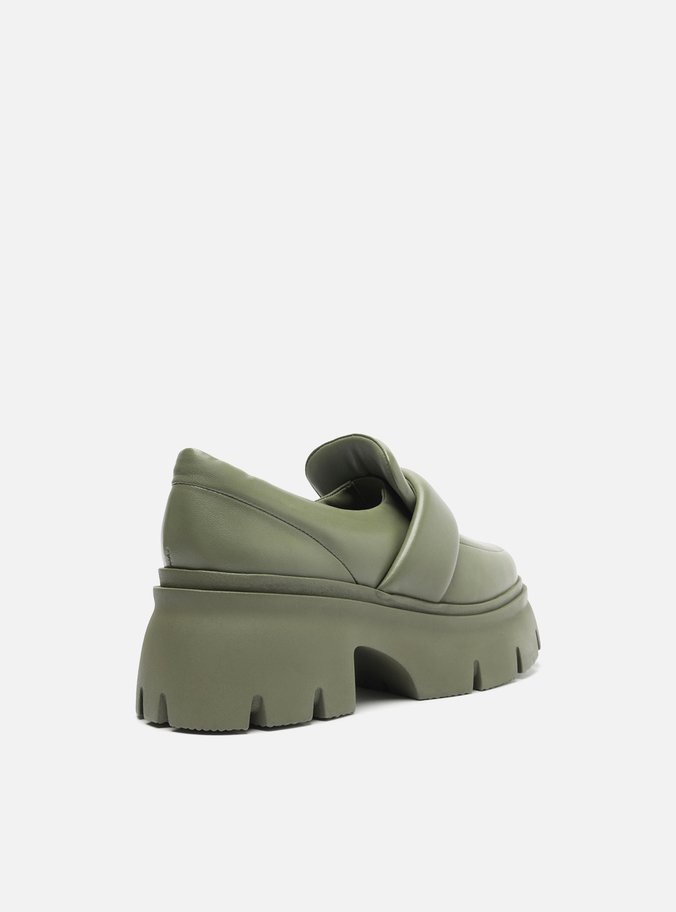 Mocassim Verde Couro Bico Redondo Puffer