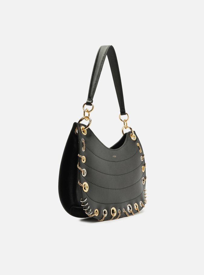 Bolsa Hobo Preta Couro Média Costuras Metais