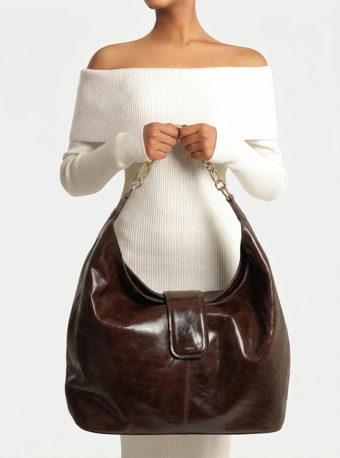 Bolsa Hobo Marrom Couro Grande Corrente Elos