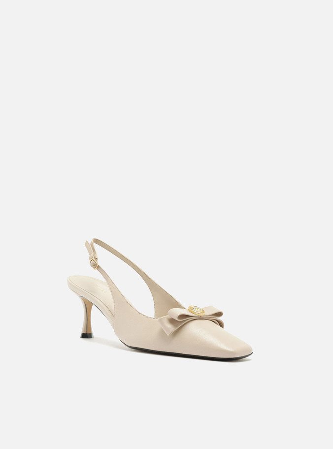 Scarpin Branco Couro Bico Quadrado Slingback Laço