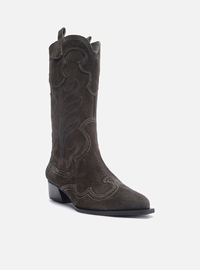 Bota Cinza Camurça Cano Médio Western Folk