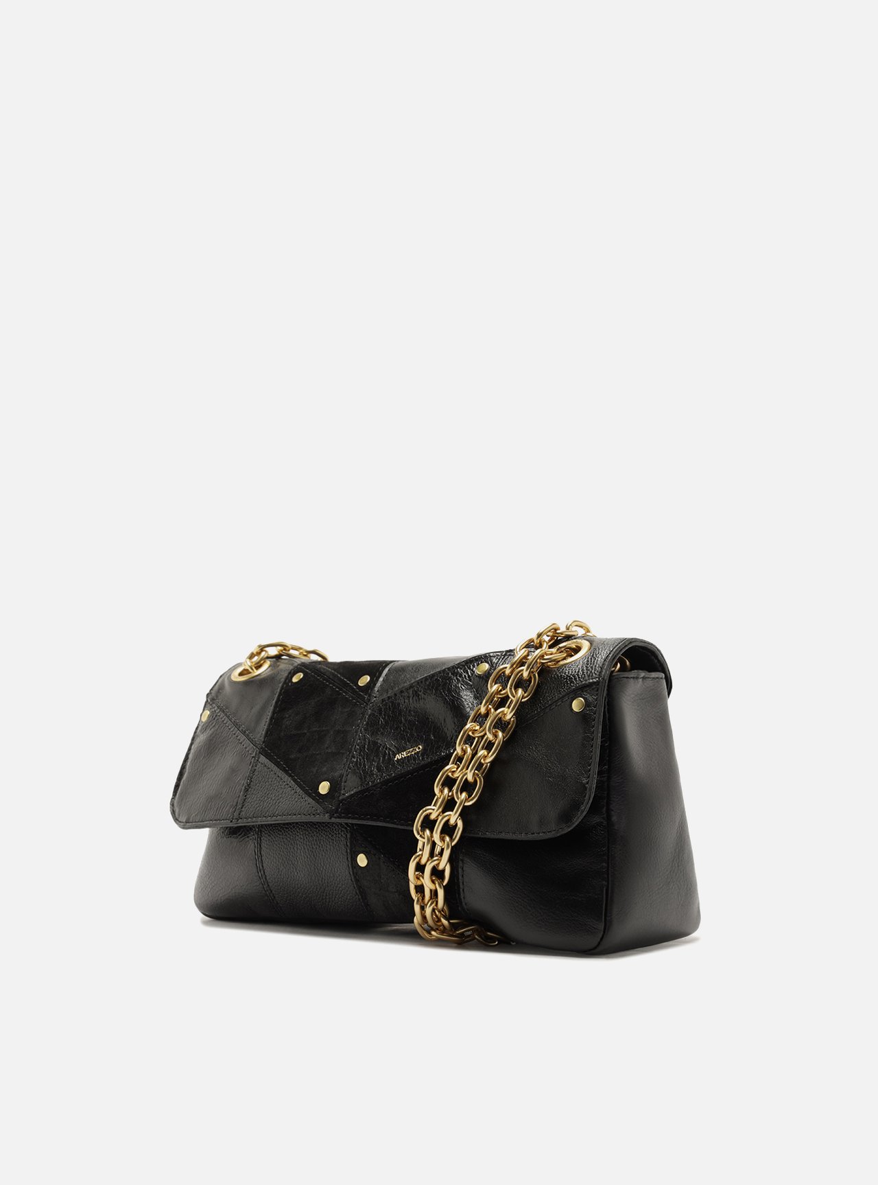 Bolsa Tiracolo Preta Couro Média Croco Correntes — foto 2