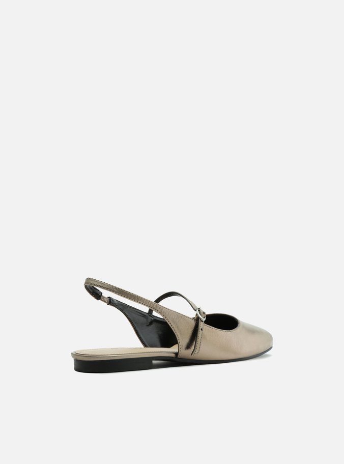 Sapatilha Boneca Dourada Couro Tira Slingback