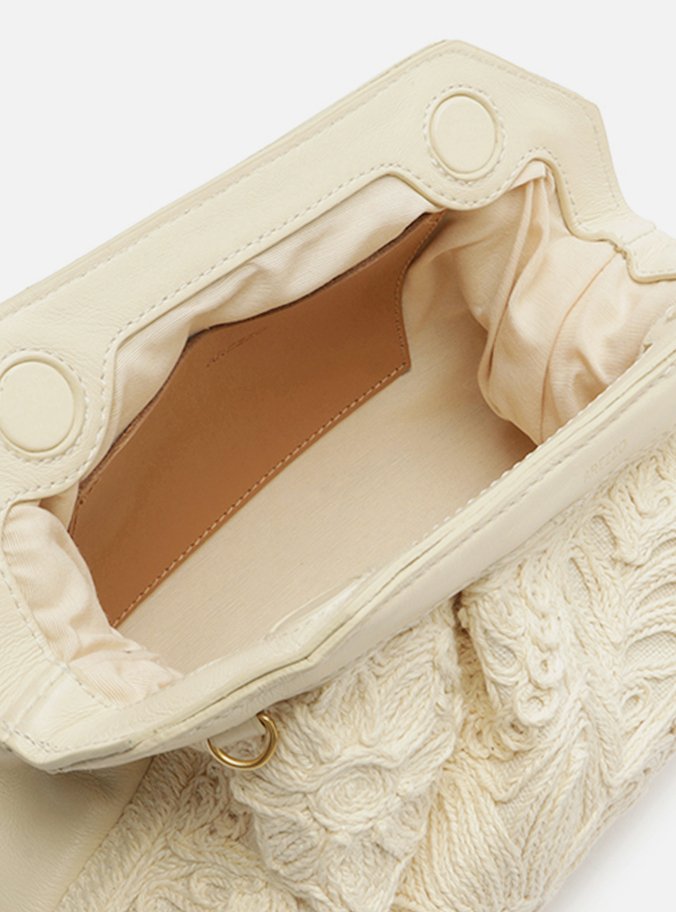 Clutch Off-White Linho Pequena Bordado Flores