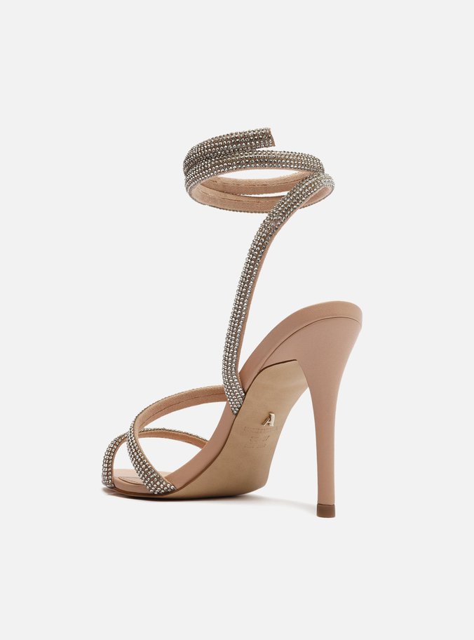 Sandália Bege Salto Fino Espiral Strass Glam